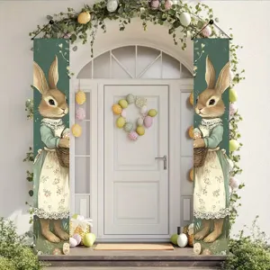 Pancarta de Porche de Pascua Decoración al Aire Libre Lindo Conejo Huevo Bandera Colgante de Poliéster para Hogar Fiesta