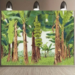 Tropical Banana Trees Rainforest Tapestry Fresh Green Jungle Plant Hand Drawn Illustration Photography Backdrop For Birthday Party Room Hanging Wall Art Decor Polyester Backdrop
