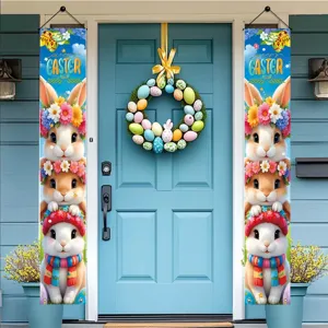 Polyester Easter Porch Banner Decoration Cute Rabbit Flower Wreath Print Festive Door Signs Home Outdoor Party Decor Hanging Flags