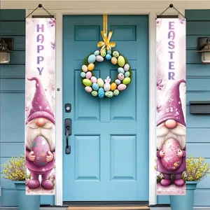 Pancarta de Porche de Pascua Rosa Púrpura Gnomo Huevo de Pascua Estampado Poliéster Vertical Happy Easter Decoración Exterior
