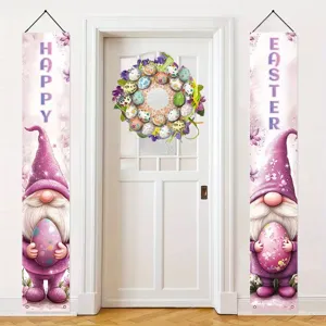 Banners de porche de gnomos de Pascua con huevo rosa y púrpura para decoración hogar