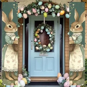 Pancartas de Pascua para porche con lindos conejitos y huevos para decorar la puerta