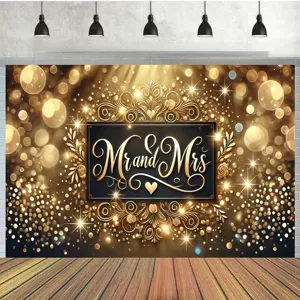 Eleganter Mr and Mrs Hochzeitsfotohintergrund mit goldenem Bokeh und floralem Funkeln