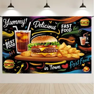 Fast food theme photography backdrop with burger and fries for birthday party decoration