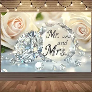 Eleganter Hochzeitsfotografie Hintergrund mit weißen Rosen, Diamanten und Mr & Mrs Text