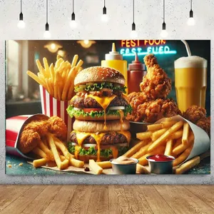 Vibrant fast food themed photography backdrop featuring burgers and fries for party decor