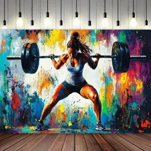 Bunte Graffiti Fotohintergrund Frau Gewichtheben Thema für Fitnessstudio Foto-Requisiten.