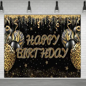 Sfondo fotografico di compleanno leopardato con glitter oro e scritta Happy Birthday