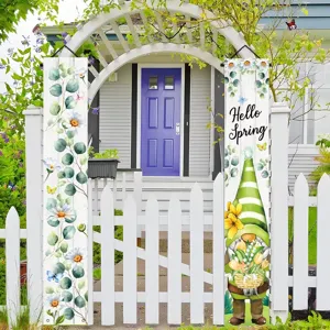Hello Spring porch banners featuring fresh green leaves, daisies, and a garden gnome design.