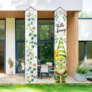 Hello Spring porch banners with eucalyptus leaves and a cute garden gnome design