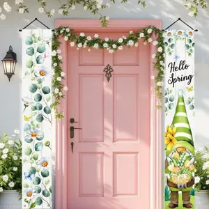 Hello Spring porch banners featuring fresh green leaves and cute gnome for home decoration