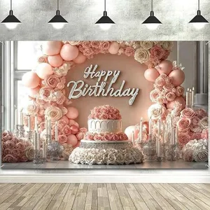 Happy Birthday Sfondo Fotografico Romantico Rosa Fiori Arco Palloncini Tappezzeria da Parete Decorazione per Festa di Compleanno