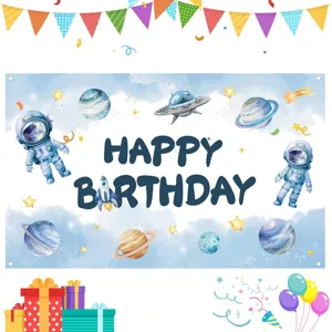 Cartoon Space Astronaut Theme Birthday Party Photography Background Cloth Polyester Fabric Space Galaxy Stars Rocket Wall Decor Backdrop