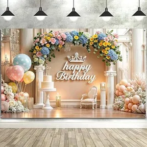 Sfondo fotografico di compleanno con arco floreale di rose rosa e blu e palloncini
