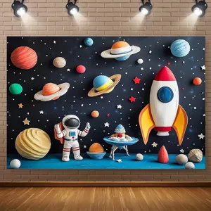 Sfondo fotografico di compleanno a tema spazio con astronauta e razzo per feste