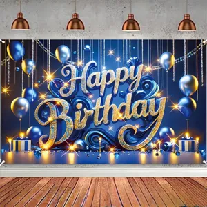 Navy Blue Gold Birthday Backdrop Happy Birthday Balloons Gift Photography Background For Birthday Party Decoration Supplies Anniversary Celebration
