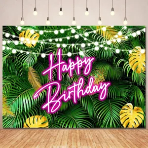 Tropical Palm Leaf Happy Birthday Photography Backdrop Pongee Polyester Jungle Theme Birthday Party Wall Hanging Photo Background