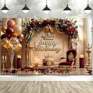 Sfondo di compleanno di lusso con arco di rose rosse e scritte dorate