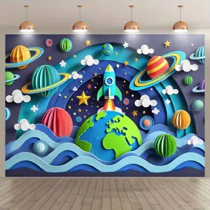 Space theme cartoon photography backdrop with 3D paper-cut rocket and planets for party.