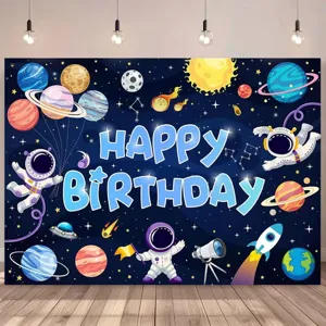 Sfondo fotografico per festa di compleanno a tema astronauta e spazio con pianeti