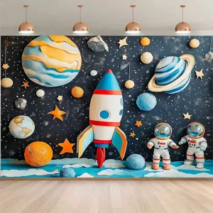 Vibrant cartoon space astronaut photography backdrop for kids birthday party wall decoration
