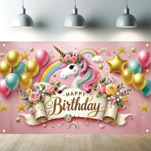 Dreamy rainbow unicorn birthday photography backdrop for indoor and outdoor party decor.
