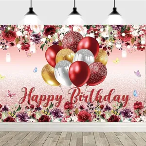 Rosegoldener Fotohintergrund für Geburtstage mit Luftballons und Vintage-Blumendesign