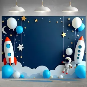Sfondo fotografico per compleanno a tema spazio e astronauti con razzi e stelle dorate