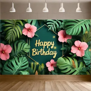 Tropical palm leaf birthday photography backdrop with pink flowers and Happy Birthday text