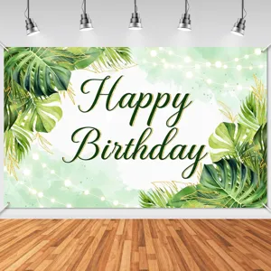 Tropical palm leaf birthday backdrop with 'Happy Birthday' text for party photography
