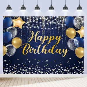 Navy blue and gold happy birthday backdrop featuring balloons and glitter sparkles