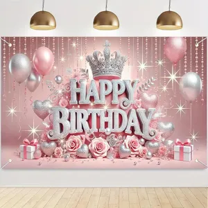 Eleganter rosa Happy Birthday Hintergrund mit Krone und Ballons für Fotopartys
