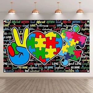 Polyester Autism Awareness Photography Background Cloth Heart Puzzle Pattern Charity Event Decorative Tapestry For Home School Office