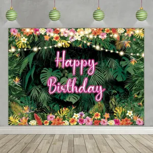 Tropical palm leaf birthday photography backdrop featuring a neon Happy Birthday sign