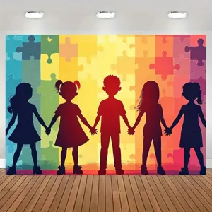 Autism awareness photography backdrop with rainbow puzzle and children silhouettes