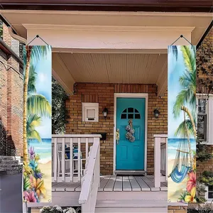 Tropical beach porch banner set featuring palm trees and hammock for summer party decor