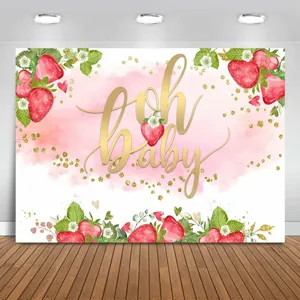 Oh Baby Theme Baby Shower Photography Backdrop Strawberry Floral Leopard Print Party Decoration Polyester Fabric Tapestry