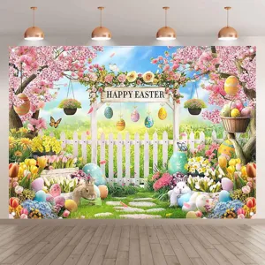 Ostern Fotografie Hintergrund Happy Easter Hase Eier Blumen Frühling Thema Festliche Dekoration Polyester Wandteppich Für Party Fotostudio