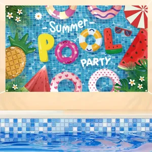 Sfondo fotografico festa in piscina estiva con salvagenti colorati e motivi di frutta