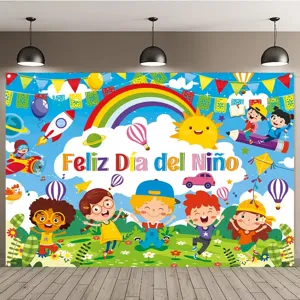 Sfondo fotografico per la festa dei bambini con arcobaleno e personaggi cartoon