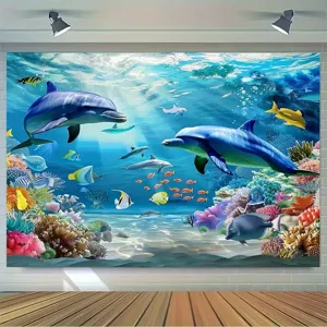 Fondo fotográfico vibrante de tema oceánico con delfines para decoración fiesta