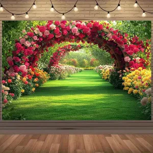 Toile de fond de photographie de jardin avec des arches de roses pour décorations de fête