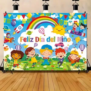 Sfondo fotografico vibrante per la festa dei bambini messicana con arcobaleno e bambini
