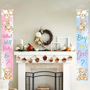 Pink and blue bear gender reveal banners with balloons for party porch decoration