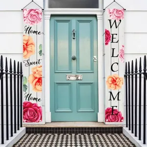 Floral porch banners featuring Welcome and Home Sweet Home rose designs on a white door set.