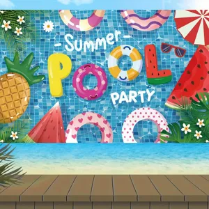 Sfondo fotografico vibrante festa in piscina estiva con salvagenti ed elementi frutta