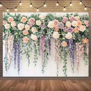 Fond de photographie floral avec des roses pastel et de la glycine pour décor de fête