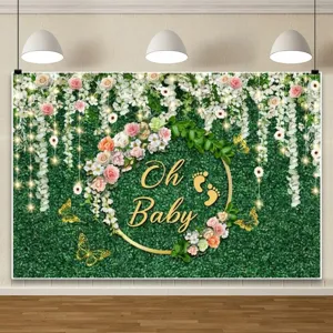 Oh Baby baby shower photography backdrop with floral green grass wall and golden butterflies