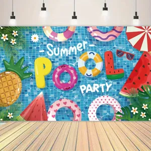 Sfondo fotografico per festa in piscina estiva con salvagenti ed elementi di frutta