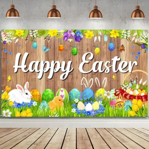 Ostern-Fotohintergrund mit Happy Easter-Schriftzug, weißem Hasen und bunten Eiern
